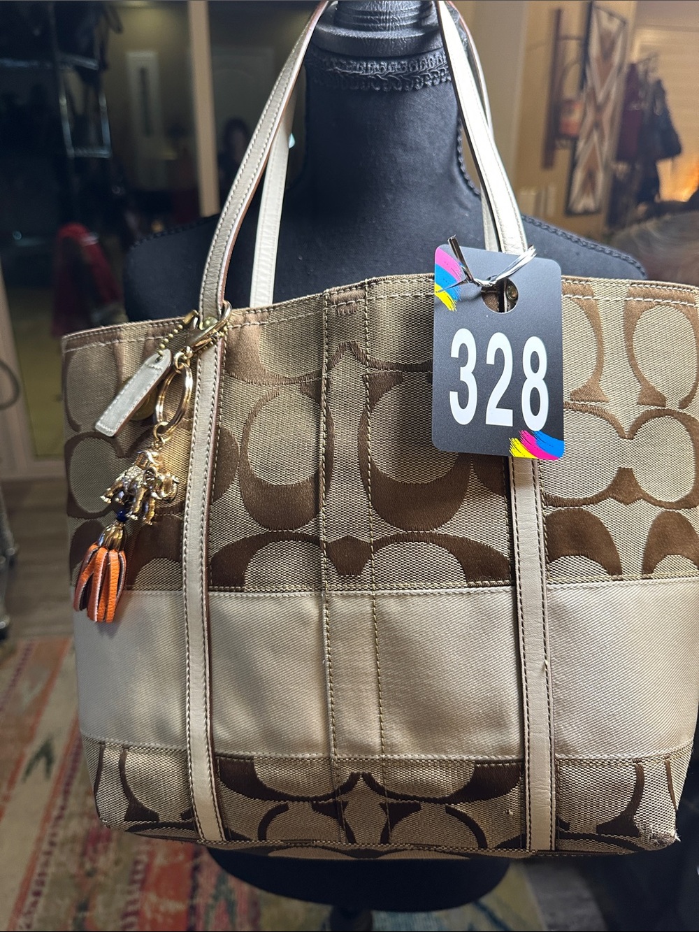 Coach  # 328 Y2K Beige Signature Canvas Tote with Leather Trim Stripped Interior